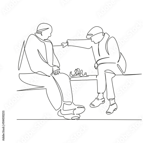 One continuous single drawing line art flat doodle chess, playing, person, man, lifestyle, game, male, sitting, adult, challenge. Isolated image hand draw contour on a white background, hand drawn