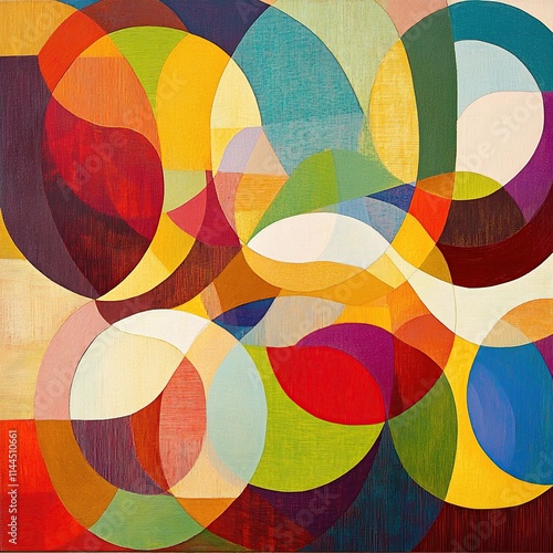 Abstract colorful overlapping circles and curves artwork.