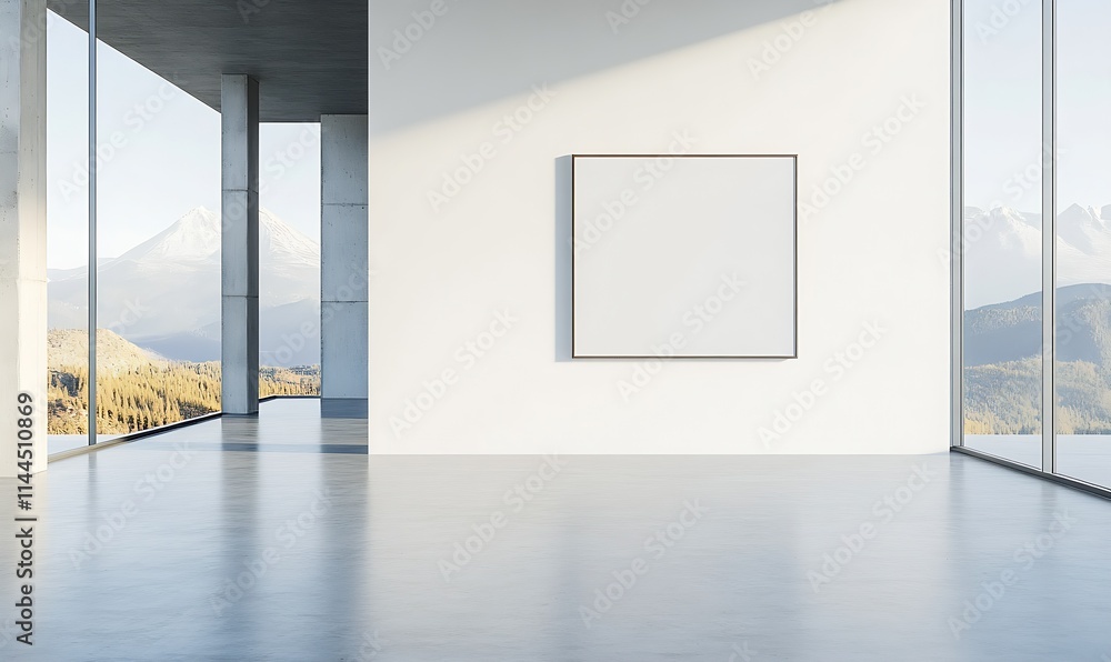 Minimalist Interior with Large Blank Canvas and Panoramic Mountain Views from Glass Walls : Generative AI Minimalist Interior with Large Blank Canvas and Panoramic Mountain Views from Glass Walls : Generative AI
