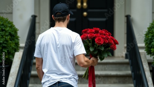 a courier in a white T-shirt and a black cap climbs the stairs with a bouquet of red roses