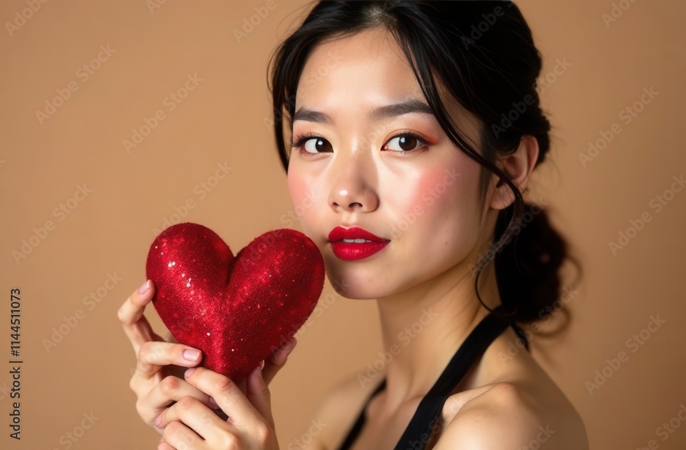 portrait of a beautiful asian woman with a red heart on a beige background portrait of a beautiful asian woman with a red heart on a beige background