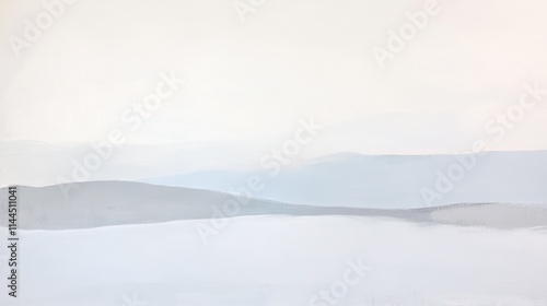 Soft gradients of pale gray, sky blue, and white blend seamlessly to depict serene morning fog gently rolling over tranquil hills, evoking a sense of calm and stillness in nature.