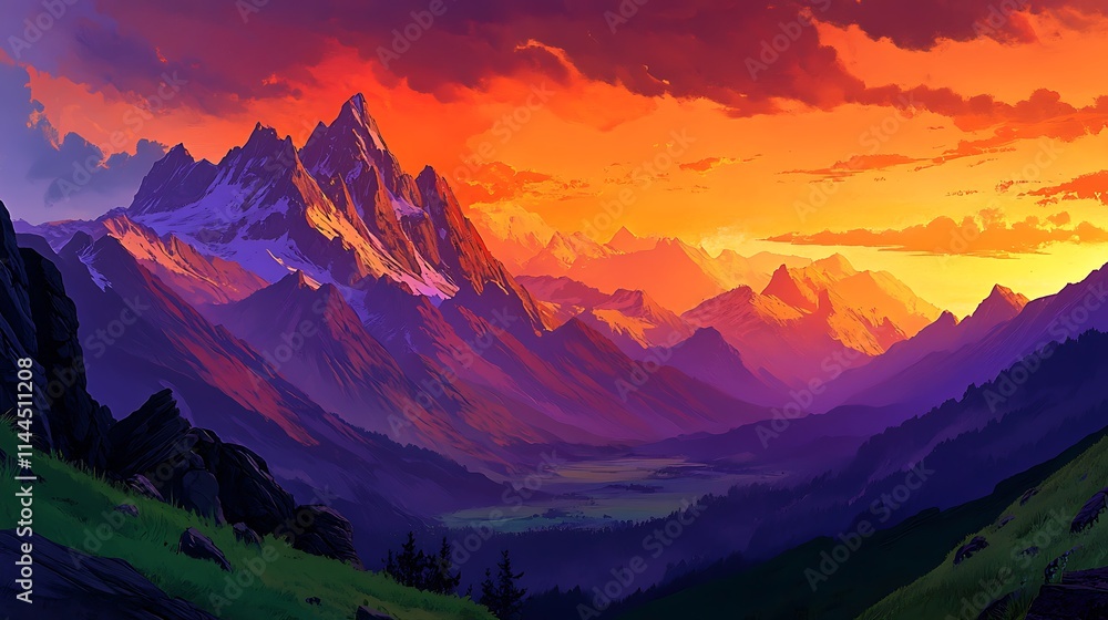 The silhouette of towering alpine mountains against a vivid orange and purple sunset sky, with lush green valleys below bathed in soft twilight The silhouette of towering alpine mountains against a vivid orange and purple sunset sky, with lush green valleys below bathed in soft twilight