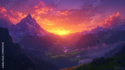 Fototapeta Naklejka Na Ścianę i Meble -  The silhouette of towering alpine mountains against a vivid orange and purple sunset sky, with lush green valleys below bathed in soft twilight 