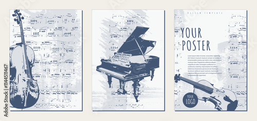 Set of vintage background templates with grand piano, violin, cello and sheet music. Musical texture backgrounds. Abstract brush strokes with paint texture. Vector.