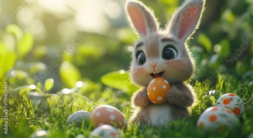 Cute bunny happily surrounded by colorful Easter eggs in a sunny garden durin...