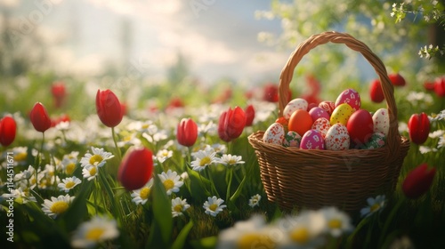 Colorful Easter eggs arranged in a basket surrounded by blooming flowers in a...