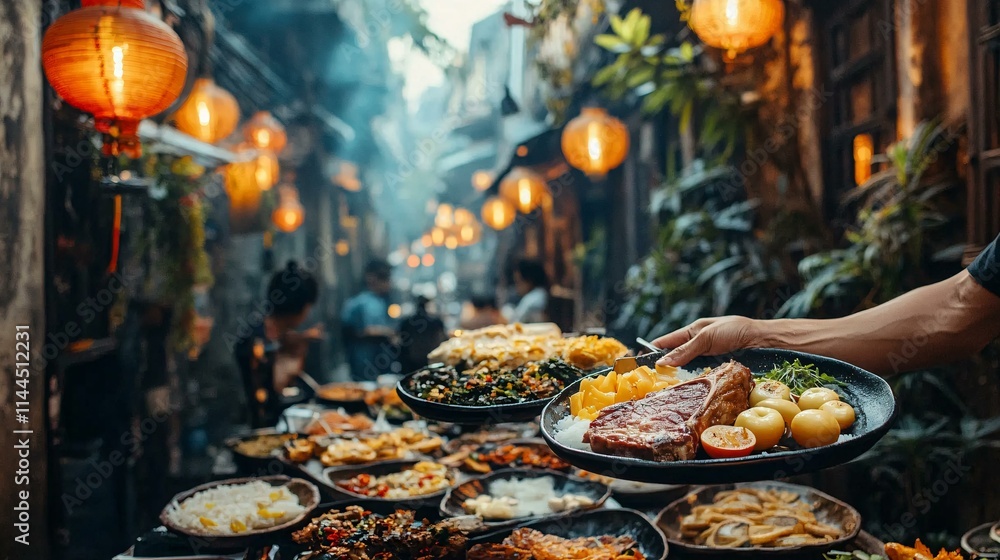 A mix of futuristic American dishes like lab-grown steak and deconstructed apple pie served on a table in an old Thai town alleyway, with traditional lanterns and weathered walls in the background. A mix of futuristic American dishes like lab-grown steak and deconstructed apple pie served on a table in an old Thai town alleyway, with traditional lanterns and weathered walls in the background.