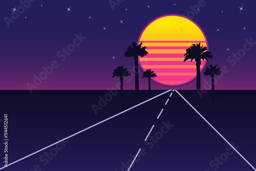 Retro vaporwave background with neon sunset, palm trees, and road under starry sky, evoking 1980s nostalgia and synthwave aesthetics. Nostalgia vector poster with copy space