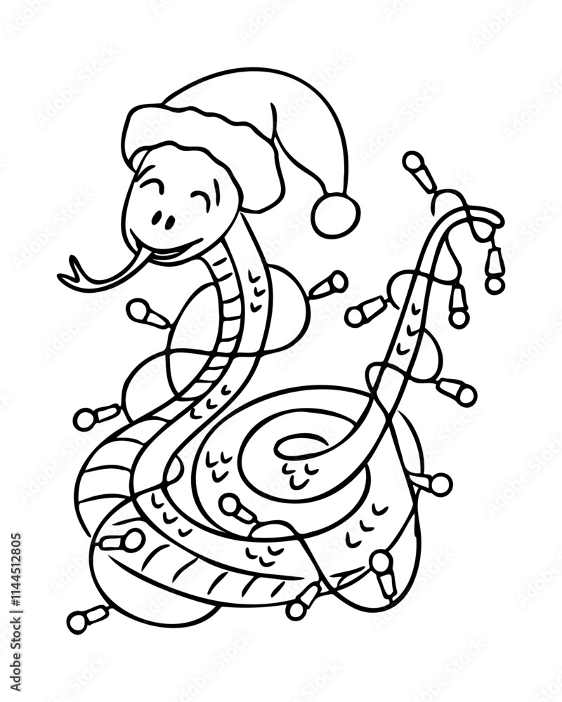 Obraz premium Cute outline snake illustration with Santa hat and Christmas lights, with playful and festive holiday theme. Vector hand drawn drawing isolated on white background for coloring pages