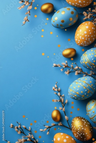 Colorful blue Easter eggs with gold dots scattered on a bright blue backgroun...