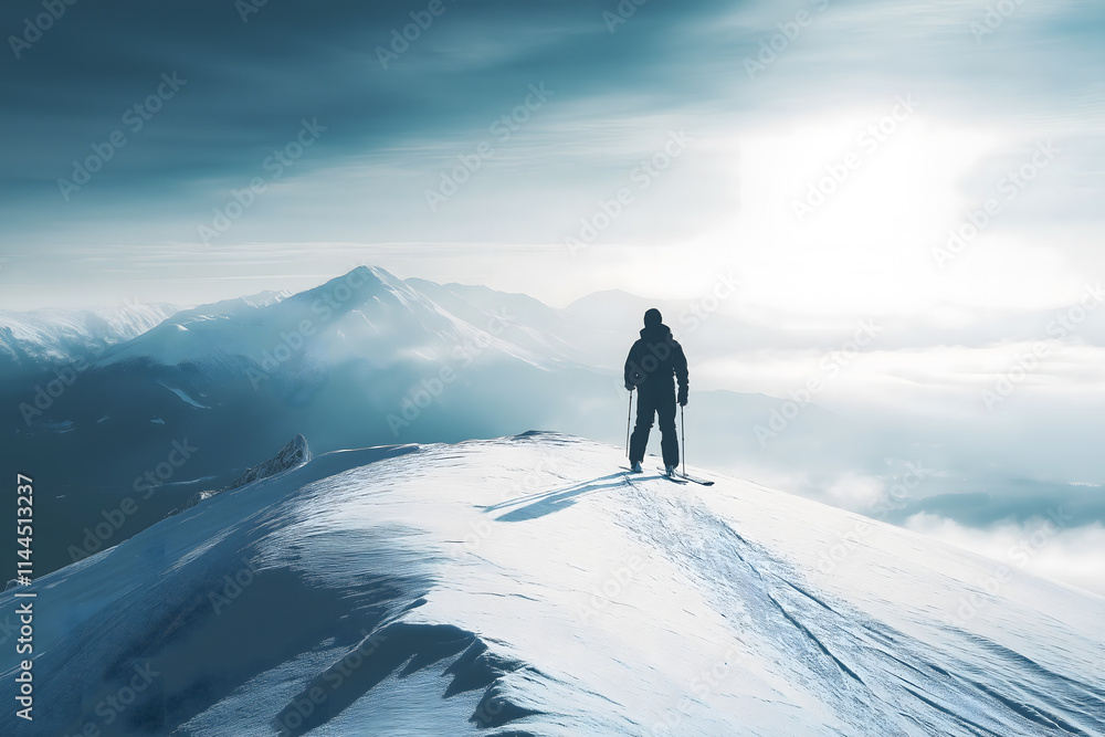 A lone person standing on a snowy ridge under a cloudy sky, creating a sense of isolation and awe A lone person standing on a snowy ridge under a cloudy sky, creating a sense of isolation and awe