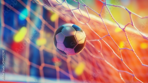 Soccer ball entering the goal net with colorful background during an exciting...