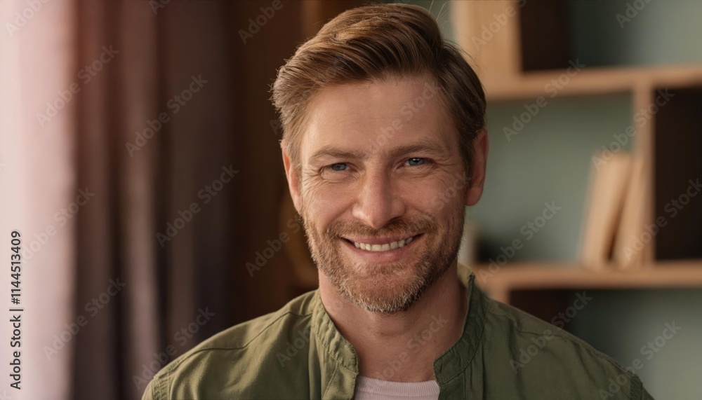 Close up headshot portrait of smiling 30s Caucasian man look at camera posing in own flat or apartment Close up headshot portrait of smiling 30s Caucasian man look at camera posing in own flat or apartment
