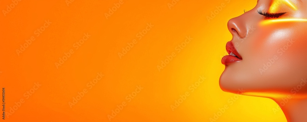 A close-up profile of a glowing face against a vibrant orange background, showcasing radiant skin and a serene expression. A close-up profile of a glowing face against a vibrant orange background, showcasing radiant skin and a serene expression.