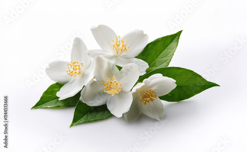 white Jasmine flower isolated o white background. Jasmine flowers with green leaves isolated on a white background