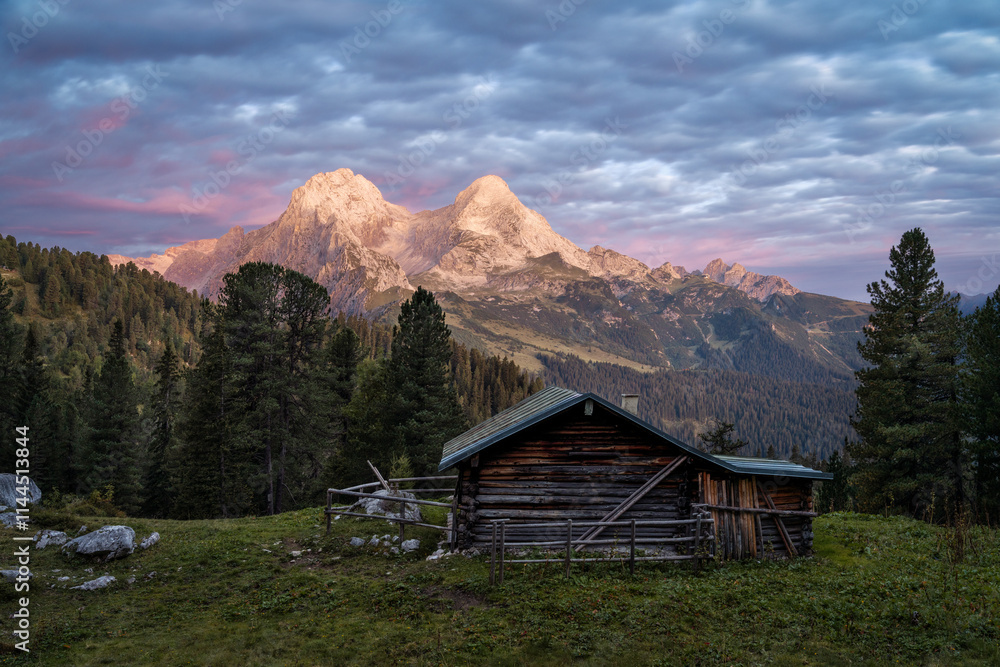 Sunset over Mountain Lakes with Hut