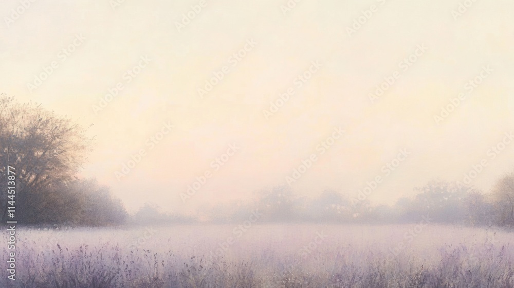 Obraz premium Serene field of lavender shades blending with a hazy pastel sky, framed by distant trees shrouded in mist, evoking a tranquil and dreamlike atmosphere of early dawn.