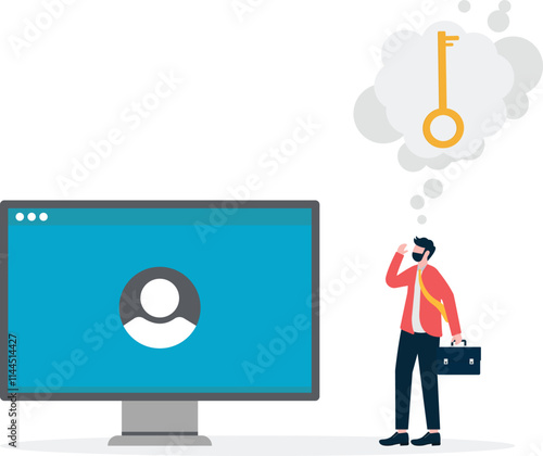 Business flat vector concept team confuse while see missing key on screen metaphor of forget password. Illustration For Wallpaper, Banner, Background, Infographic, Book, And Web Landing Page.
