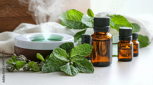 A minimalistic scene featuring essential oil bottles and fresh mint leaves with an oil diffuser, creating a soothing and tranquil ambiance photo