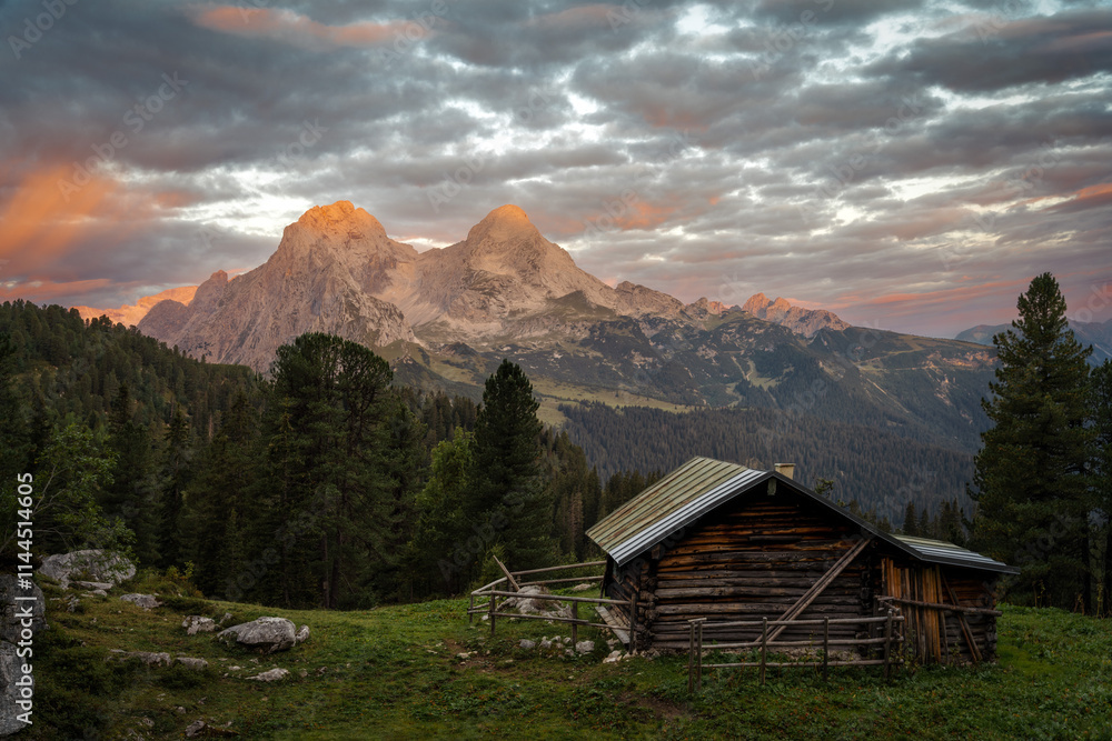 Sunset over Mountain Lakes with Hut