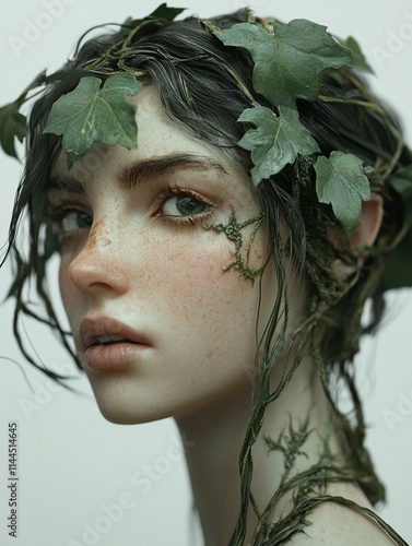 Fantasy portrait of a young woman with green leaves in her hair