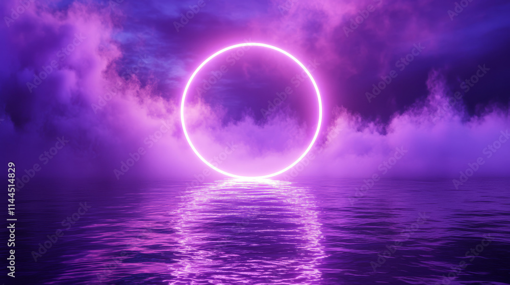 Neon circle frame on dark water background. Vector realistic illustration of purple ring shining in clouds and mist, reflection glowing on rippled surface, nightclub party, music show design backdrop Neon circle frame on dark water background. Vector realistic illustration of purple ring shining in clouds and mist, reflection glowing on rippled surface, nightclub party, music show design backdrop