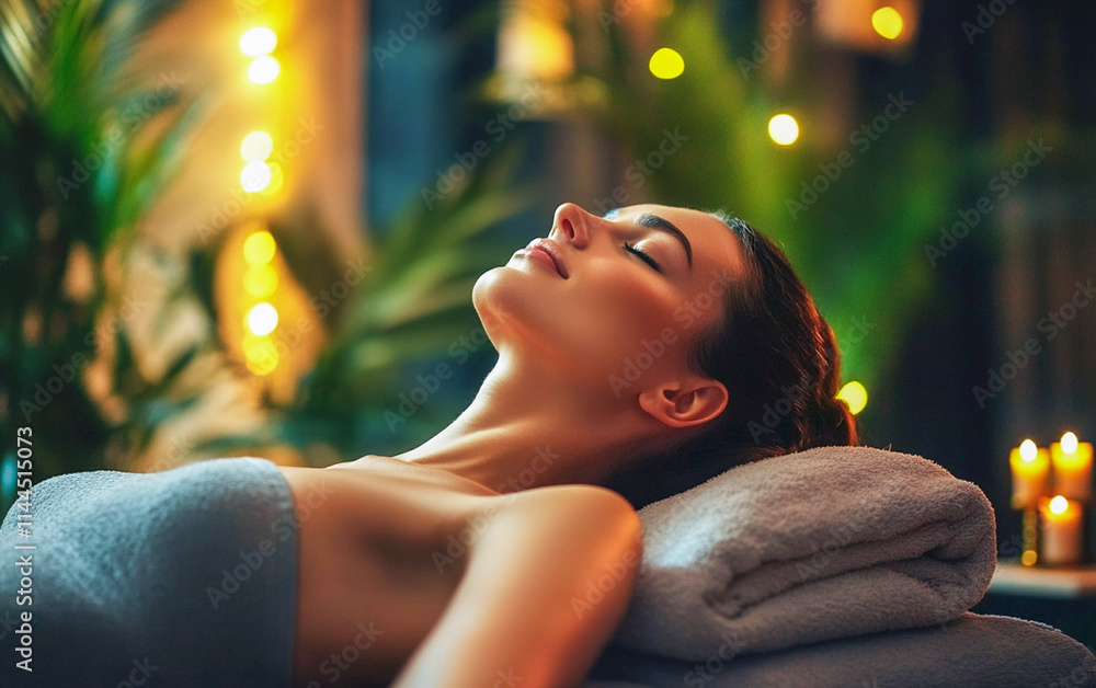 zrelaksowana, piękna, uśmiechnięta kobieta podczas wizyty w spa