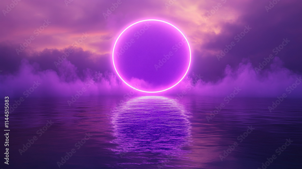 Neon circle frame on dark water background. Vector realistic illustration of purple ring shining in clouds and mist, reflection glowing on rippled surface, nightclub party, music show design backdrop Neon circle frame on dark water background. Vector realistic illustration of purple ring shining in clouds and mist, reflection glowing on rippled surface, nightclub party, music show design backdrop