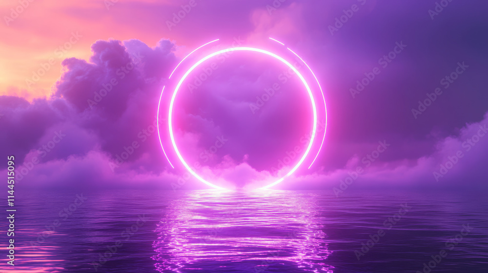 Neon circle frame on dark water background. Vector realistic illustration of purple ring shining in clouds and mist, reflection glowing on rippled surface, nightclub party, music show design backdrop Neon circle frame on dark water background. Vector realistic illustration of purple ring shining in clouds and mist, reflection glowing on rippled surface, nightclub party, music show design backdrop