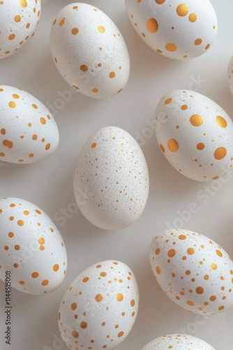 Elegant display of white eggs adorned with gold dots arranged in a harmonious...