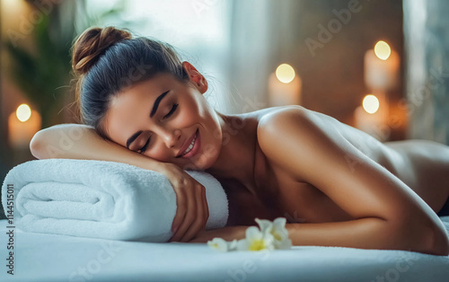Obraz na płótnie zrelaksowana, piękna, uśmiechnięta kobieta podczas wizyty w spa w salonie