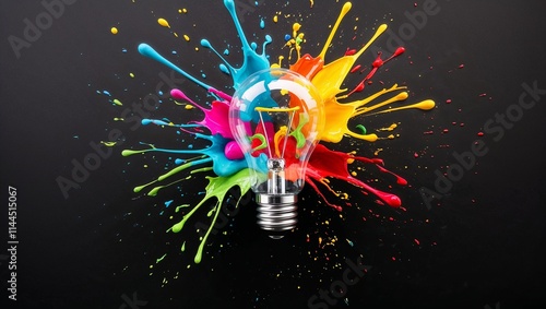 A vibrant explosion of colorful paint and radiant light bursts from a creative light bulb, symbolizing imagination. photo