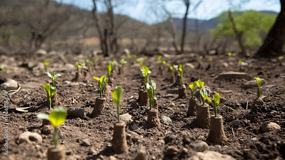 A reforestation effort where young saplings are being planted to replace the trees lost to deforestation. A reforestation effort where young saplings are being planted to replace the trees lost to deforestation.