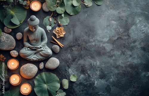 Serenity is captured in a calm arrangement featuring a buddha statue, candles...