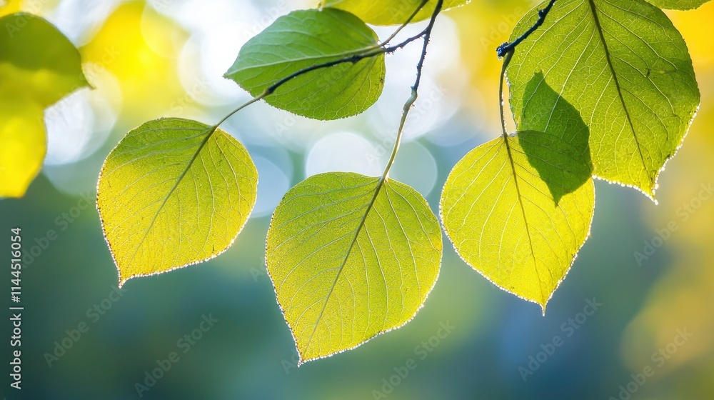Sunlit green leaves against a blurred background. Sunlit green leaves against a blurred background.