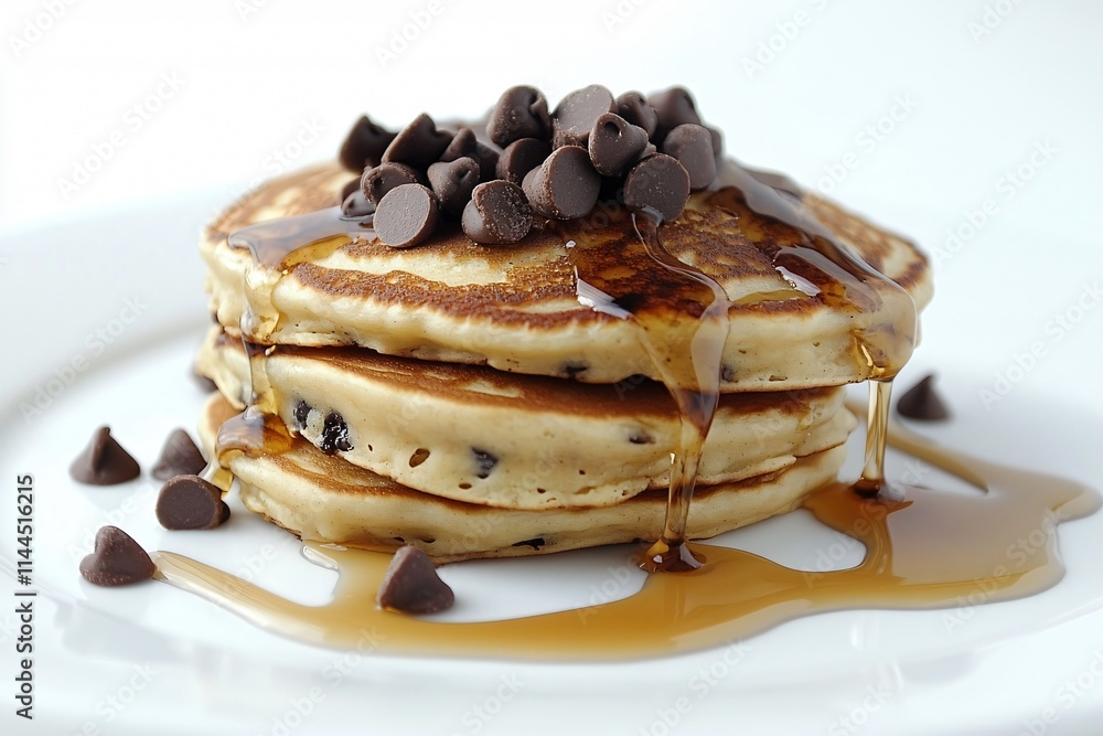 Chocolate Chip Pancakes with Maple Syrup Drizzle and White Background Chocolate Chip Pancakes with Maple Syrup Drizzle and White Background