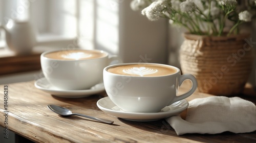 Wallpaper Mural Two Cups of Aromatic Coffee on a Wooden Table by the Sunny Window Torontodigital.ca