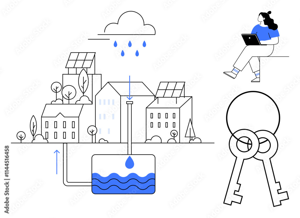 Urban buildings equipped with solar panels collect rainwater for storage. Woman with laptop represents smart technology integration. Two keys symbolize security and access. Ideal for sustainability Urban buildings equipped with solar panels collect rainwater for storage. Woman with laptop represents smart technology integration. Two keys symbolize security and access. Ideal for sustainability