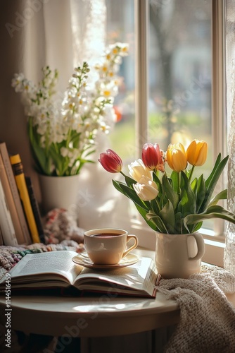 Cozy indoor setting with a cup of tea, open book, and a vase of colorful tuli...