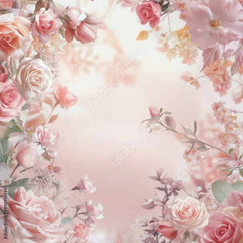 Beautiful arrangement of pink roses and delicate blossoms creates an elegant ...