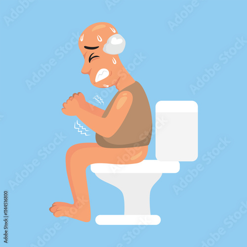 Constipated Man On Toilet. Illustration, Vector, Cartoon. 