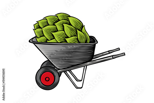 colored illustration of hops being transported on a wheelbarrow