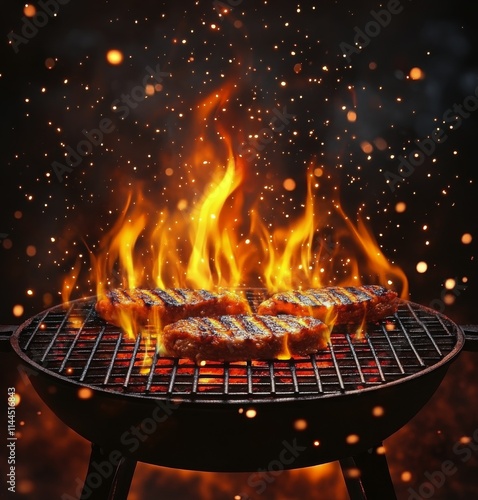 Grilling marinated steak on a barbecue with flames and sparks at a summer gat...