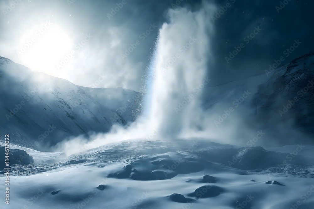 A powerful waterfall surrounded by mist and icy terrain, creating a dramatic and cold natural landscape A powerful waterfall surrounded by mist and icy terrain, creating a dramatic and cold natural landscape