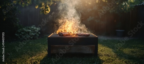 Grilling meat over open flames during a sunset gathering in a backyard create...