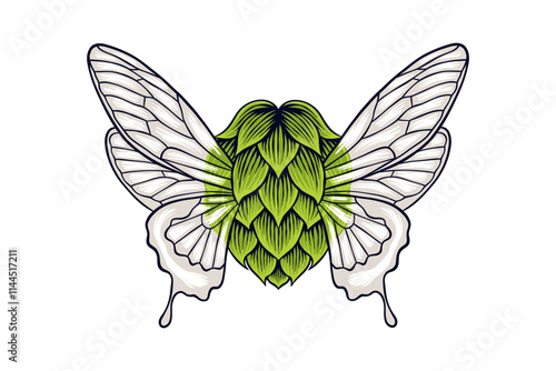 Colored illustration of hops having butterfly wings
