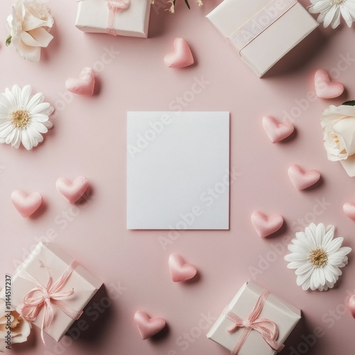 Delicate pink gifts and flowers arranged on a soft blue background create a c...