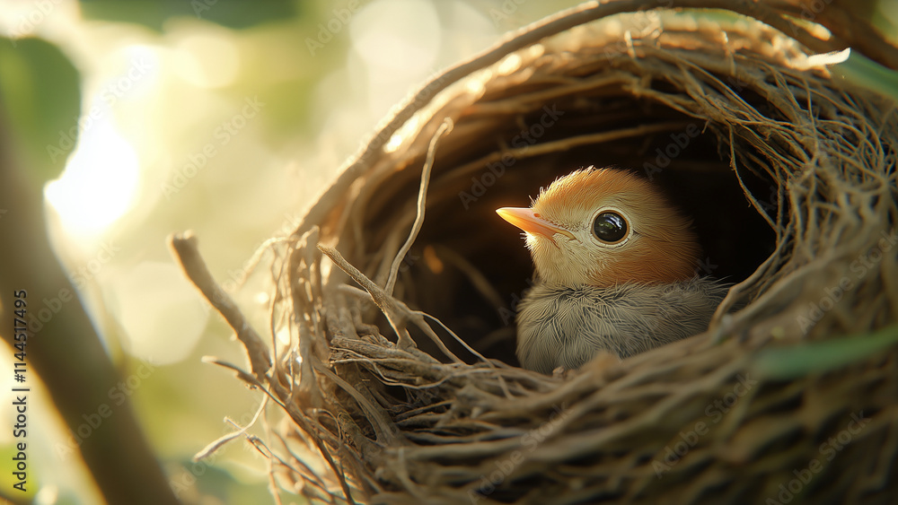 A microscopic view of a baby bird peeking from its nest A microscopic view of a baby bird peeking from its nest