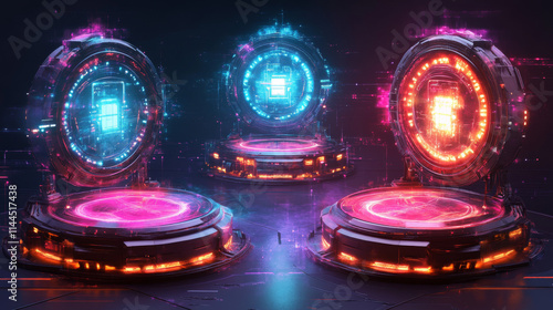 Purple hi tech portal with neon light glow effect for game ui design. Realistic 3d vector illustration set of futuristic cyberpunk round teleport platform with beams. Hologram technology podium. photo